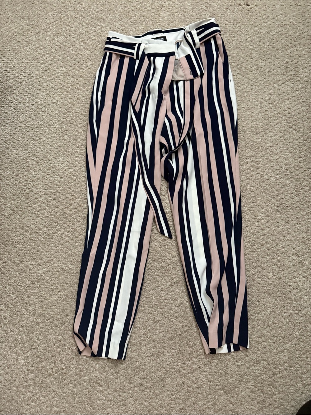 Express Pink, Navy & White Vertical Stripe Paperbag Waist Pants